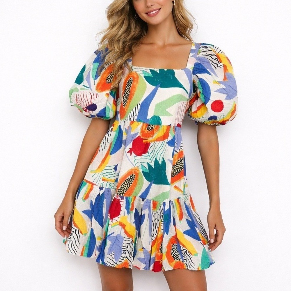 Oliphant Bubble Skirt Mini Dress‎ Papaya Yellow Puff Sleeve Summer Vacation XS